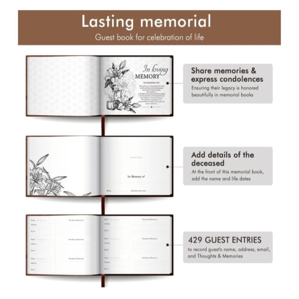 Funeral Guest Book for Memorial Service with 144 Pages Brown 8X10″ - Picture 3 of 4